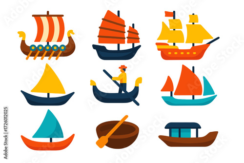Traditional Vessel Icons. Flat vector icons of traditional vessels: Viking longship, Chinese junk, galleon, dhow, gondola,