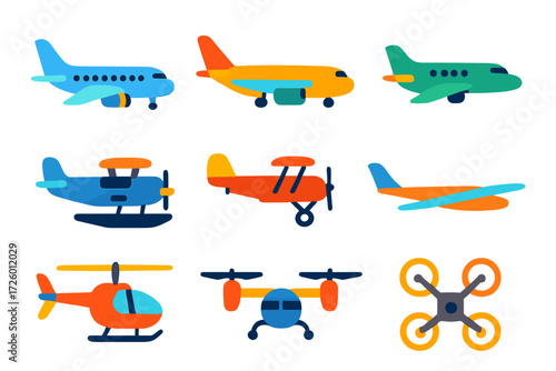 Colorful Aircraft Icons. Flat vector icons of aircraft types: airliner, cargo plane, private jet, seaplane, biplane, glider,