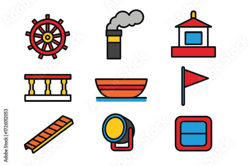 Riverboat Elements Icons. Flat vector icons of riverboat elements: paddlewheel, smokestack, pilot house, deck railing, lifeboat,