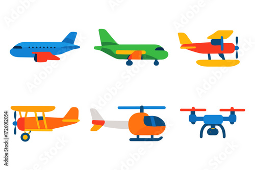 Colorful Aircraft Icons. Flat vector icons of aircraft types: airliner, cargo plane, private jet, seaplane, biplane, glider,