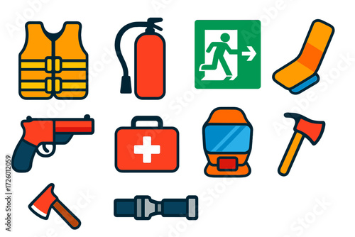 Safety Equipment Icons. Flat vector icons of safety equipment: life vest, fire extinguisher, emergency exit, escape slide, flare