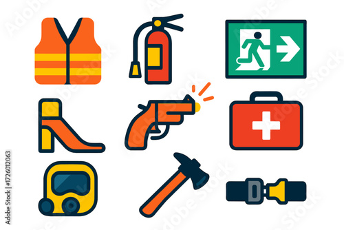 Safety Equipment Icons. Flat vector icons of safety equipment: life vest, fire extinguisher, emergency exit, escape slide, flare