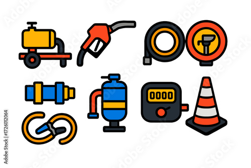Fuel Equipment Icons. Flat vector icons of fueling equipment: hydrant cart, refuel nozzle, fuel hose, coupling fitting, filter