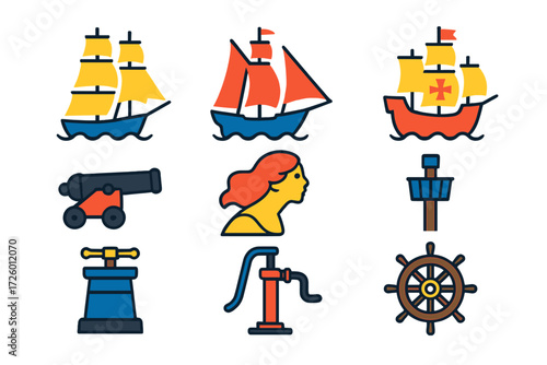 Historic Ship Icons. Flat vector icons of historic ships: clipper ship, schooner, carrack, carronade, figurehead, crow’s nest,