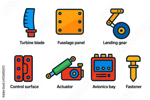 Aerospace Component Icons. Flat vector icons of aerospace components: turbine blade, fuselage panel, landing gear strut, control
