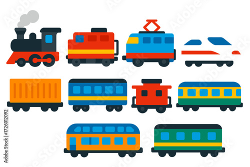 Modern Train Icons. Flat vector icons of train types: steam locomotive, diesel-electric locomotive, electric locomotive,