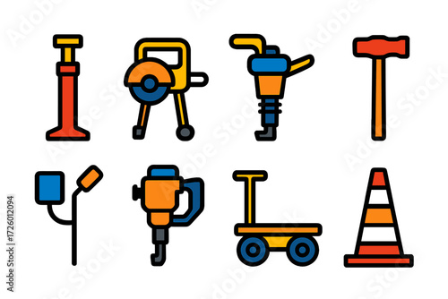 Railway Tools Icons. Flat vector icons of railway maintenance tools: track jack, rail grinder, ballast tamper, spike maul, switch