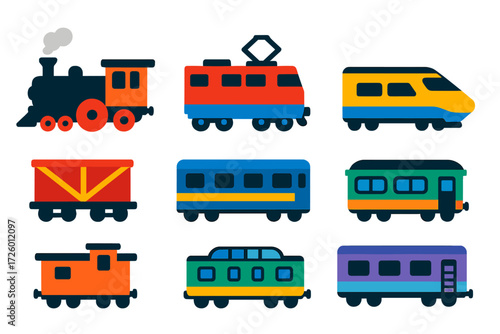 Modern Train Icons. Flat vector icons of train types: steam locomotive, diesel-electric locomotive, electric locomotive,