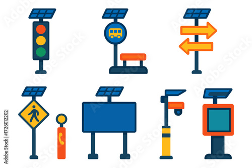 Solar Icon Set. Flat vector icons of solar street signage: solar traffic light, solar bus stop sign, solar wayfinding, solar
