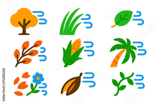 Wind-Blown Foliage Icons. Flat vector icons of wind-blown foliage: shaking tree, bending grass, fluttering leaf, swaying branch,