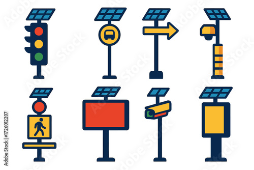 Solar Icon Set. Flat vector icons of solar street signage: solar traffic light, solar bus stop sign, solar wayfinding, solar