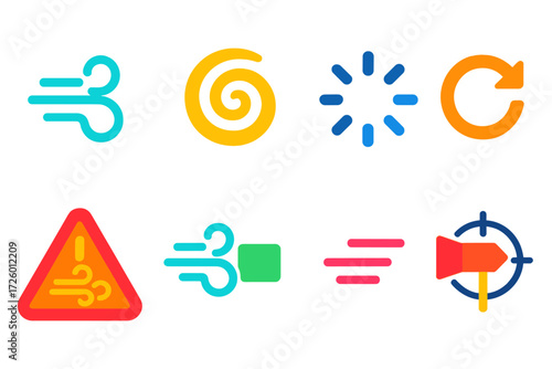 Minimalist Wind Icons. Flat vector icons of UI wind elements: breeze icon, swirl loader, loading spinner, refresh symbol, wind