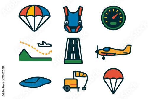 Paragliding Icon Set. Flat vector icons of parachuting and gliding: parachute canopy, harness, altimeter, glide path, airstrip,
