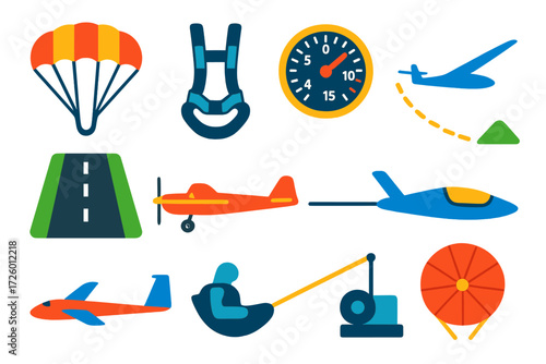 Paragliding Icon Set. Flat vector icons of parachuting and gliding: parachute canopy, harness, altimeter, glide path, airstrip,