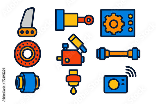 Vivid Turbine Icons. Flat vector icons of turbine components: blade root, pitch actuator, gearbox housing, yaw bearing, hydraulic