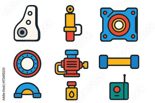 Vivid Turbine Icons. Flat vector icons of turbine components: blade root, pitch actuator, gearbox housing, yaw bearing, hydraulic