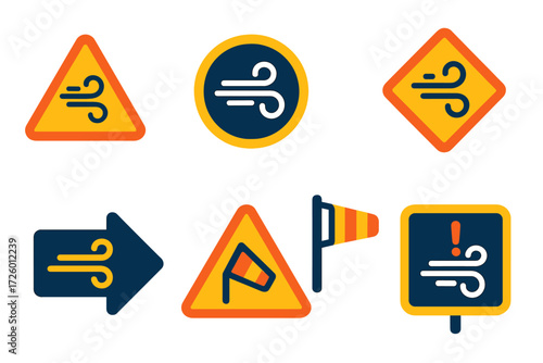 Wind Safety Icons. Flat vector icons of wind-based signage: wind warning sign, gale force badge, advisory icon, hazard symbol,