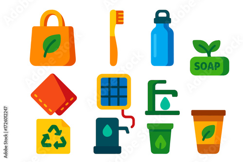 Eco-Friendly Icon Set. Flat vector icons of eco-friendly products: reusable bag, bamboo toothbrush, stainless steel bottle, cloth