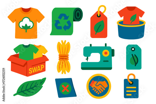 Sustainable Fashion Icons. Flat vector icons of sustainable fashion: organic cotton shirt, recycled fabric roll, eco tag, dye vat,