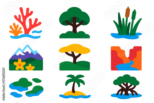 Biodiversity Icon Set. Flat vector icons of biodiversity hotspots: coral reef patch, rainforest canopy, wetlands bulrush, mountain