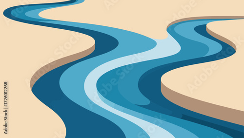 Abstract flowing river with layered blue water and beige banks