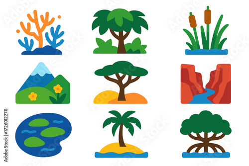 Biodiversity Icon Set. Flat vector icons of biodiversity hotspots: coral reef patch, rainforest canopy, wetlands bulrush, mountain