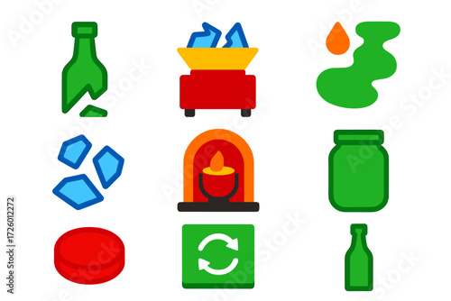 Glass Recycling Icons. Flat vector icons of glass recycling: broken bottle, glass crushing, melted glass, glass cullet, furnace