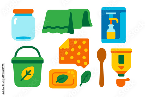 Zero Waste Icons. Flat vector icons of zero waste kitchen: glass jar, cloth towel, refill station, compost caddy, beeswax wrap,