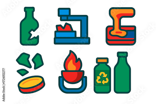 Glass Recycling Icons. Flat vector icons of glass recycling: broken bottle, glass crushing, melted glass, glass cullet, furnace