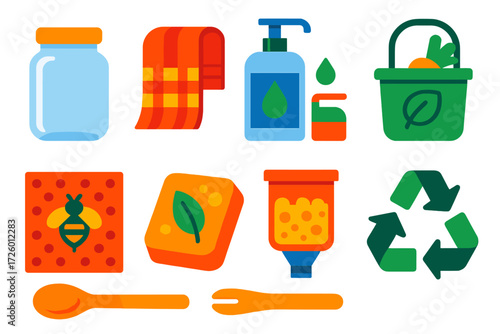 Zero Waste Icons. Flat vector icons of zero waste kitchen: glass jar, cloth towel, refill station, compost caddy, beeswax wrap,