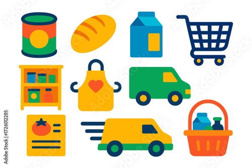 Food Bank Icons. Flat vector icons of food banks: canned goods, loaf of bread, milk carton, shopping trolley, pantry shelf,
