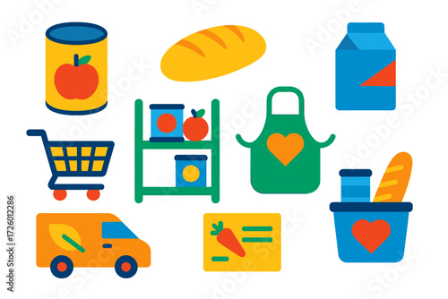 Food Bank Icons. Flat vector icons of food banks: canned goods, loaf of bread, milk carton, shopping trolley, pantry shelf,