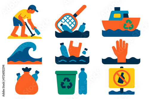 Ocean Cleanup Icons. Flat vector icons of ocean plastic cleanup: beach pickup, net skimmer, recycling boat, ocean wave, plastic