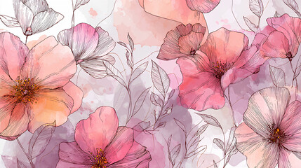 Watercolor floral wallpaper with pink blossoms and outlines. Delicate hand-drawn mural with soft pink flowers and leaves. Abstract botanical illustration with pastel flowers and line art.