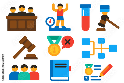 Sports Arbitration Icons. Flat vector icons of sports arbitration: arbitration bench, athlete scales, doping test tube, hearing