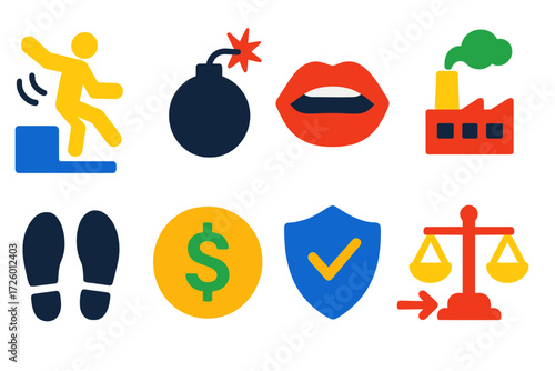Tort Law Icons. Flat vector icons of tort law categories: negligence slip, strict liability bomb, defamation mouth, nuisance