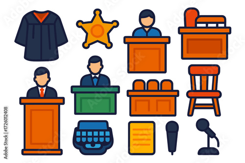 Courtroom Icons Collection. Flat vector icons of courtroom personnel: judge robe, bailiff badge, court clerk desk, prosecutor