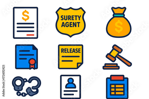 Bail Bond Icons. Flat vector icons of bail and bonds: bail bond form, surety agent badge, cash bond bag, bond contract, release