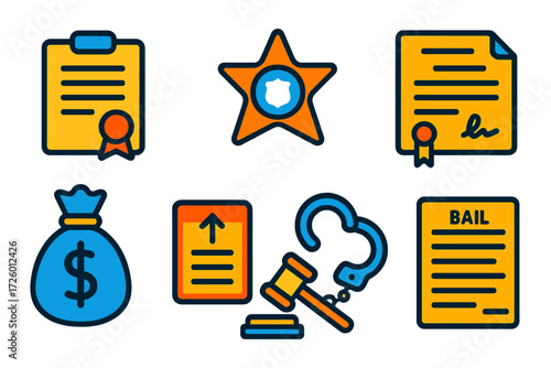 Bail Bond Icons. Flat vector icons of bail and bonds: bail bond form, surety agent badge, cash bond bag, bond contract, release