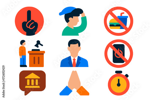 Courtroom Etiquette Icons. Flat vector icons of courtroom etiquette: silence sign, remove hat icon, stand when judge enters, no