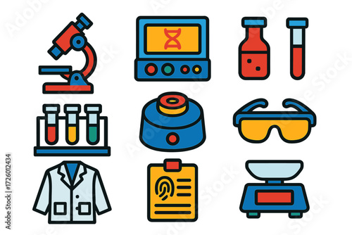 Modern Forensics Icons. Flat vector icons of forensics lab: microscope, DNA analyzer, chemical vial, test tube rack, centrifuge,