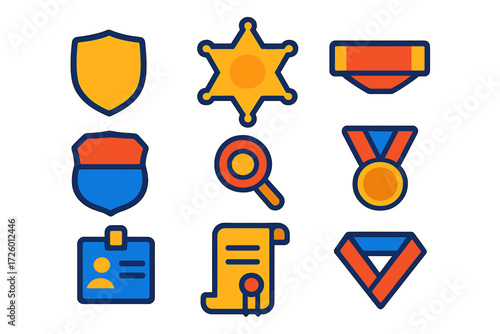 Modern Badge Icons. Flat vector icons of badge types: shield badge, star badge, bar badge, emblem patch, lapel pin, medal badge,