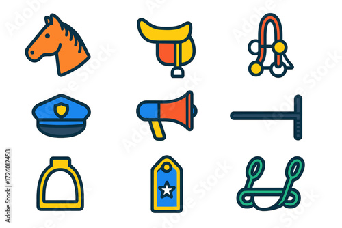 Mounted Police Icons. Flat vector icons of mounted police: police horse, saddle, bridle, police hat, megaphone, baton, stirrup,