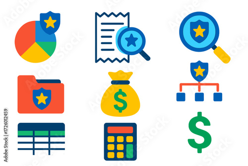 Police Finance Icons. Flat vector icons of police finances: budget chart, expense receipt, audit magnifier, invoice folder, cash