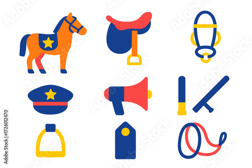 Mounted Police Icons. Flat vector icons of mounted police: police horse, saddle, bridle, police hat, megaphone, baton, stirrup,