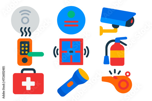 Home Safety Icons. Flat vector icons of home safety devices: smoke alarm, carbon monoxide detector, security camera, door lock,
