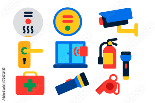 Home Safety Icons. Flat vector icons of home safety devices: smoke alarm, carbon monoxide detector, security camera, door lock,