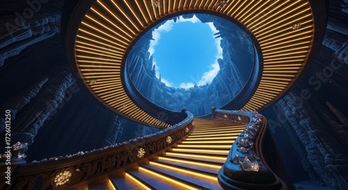 A Luminous Golden Spiral Staircase Ascends Through a Mystical Cave to a Celestial Blue Oculus.