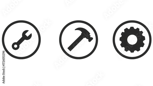 Set of three tool icons featuring wrench hammer and gear.