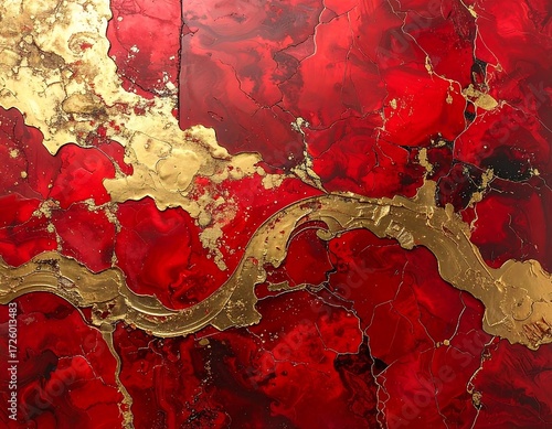 Dynamic Red and Gold Abstract Painting